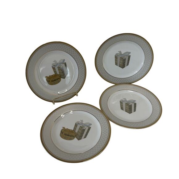 Vintage Lillian Vernon Christmas/Birthday Platinum Gold Rim 8” Plates Set of 4 - Picture 1 of 9